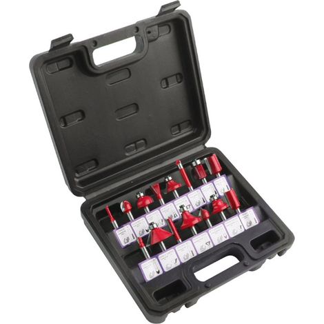 Un juego de 15 fresas para madera de carburo de tungsteno, diseñadas específicamente para trabajar la madera, con un diámetro de vástago de 1/4 de pulgada.
