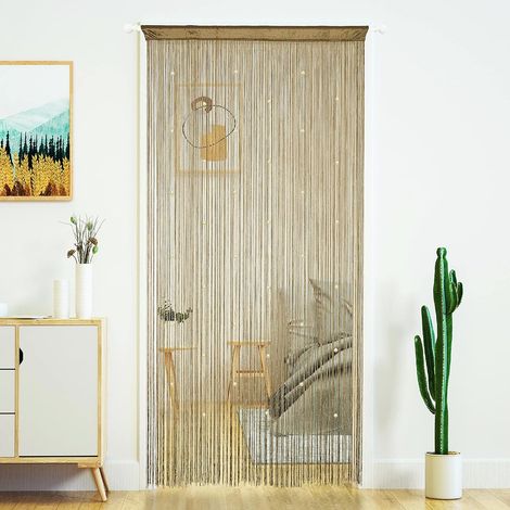 Rideau de fils - Macramé - Perles - Décoratif - porte - 100 x 200 cm - Champagne (1/5)