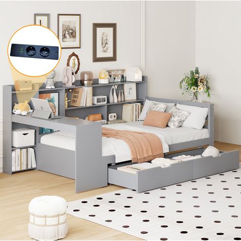 Bett Bettgestell 90x200 Stauraum Holz Grau OKMYHOME (1/5)