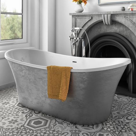 Luxury 1805x785 Silver Freestanding Bathtub with Traditional Chrome Brass Mixer Tap Set (1/3)