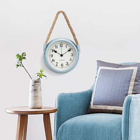 Lifestyle Morloge Murale（22cm,Bleu）, Horloge en Fer Blanc, Horloge Murale Décorative, Nostalgie, maritime, Avec Cordon, Gris