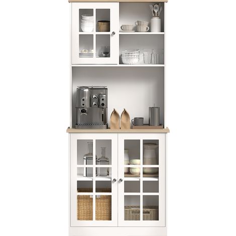 HOMCOM Küchen-Sideboard, Hochschrank mit Arbeitsplatte, 3 Glastüren, 2 Nischen und verstellbaren Einlegeböden, Weißeiche, 80 x 37 x 183 cm