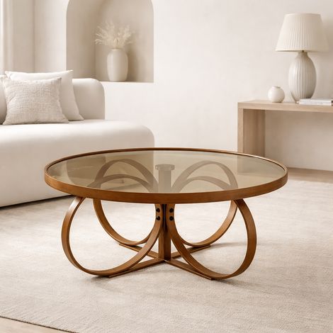 Table basse ronde 100x100x47 cm en verre fumé ambré et bois noyer (1/5)
