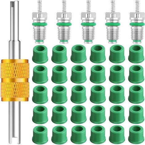 Adecuado para kits de sellado de mangueras de carga de refrigerante R134a de 36 piezas y 1/4 de pulgada, accesorios para núcleos de válvulas de aire acondicionado, incluyendo 30 sellos para mangueras 