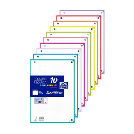 OXFORD RECAMBIO PAQUETE 200 HOJAS SUELTAS 4 TALADROS A4 5X5 10 COLORES