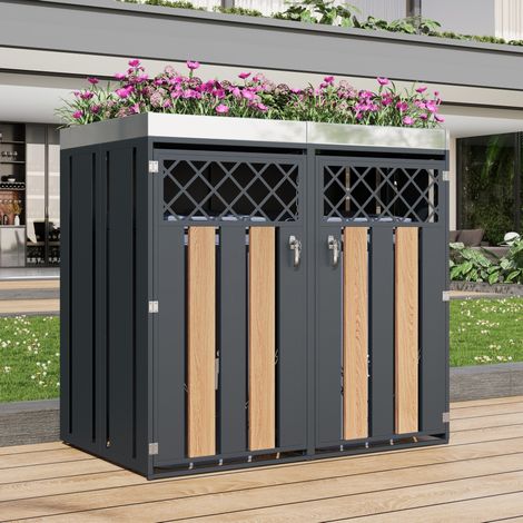 Cache-poubelles de jardin 2 compartiments gris et effet bois en acier galvanisé avec bac à plantes et portes verrouillables (1/5)