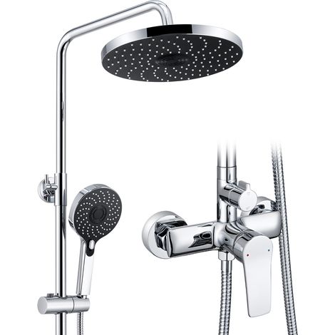Auralum Regendusche Duschsystem mit Armatur aus Messing - XXL Duschkopf 28 cm, 3-Funktionen Handbrause, Höhenverstellbare Duschstange 105-140 cm, Brauseschlauch 1.5m - Chrom (1/5)