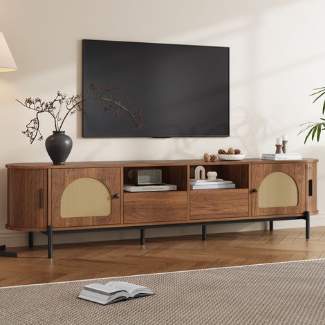 Meuble TV ovale rotin noyer 200x40x49.5cm, 2 portes coulissantes + 2 portes battantes + 2 tiroirs + pieds métalliques (1/5)