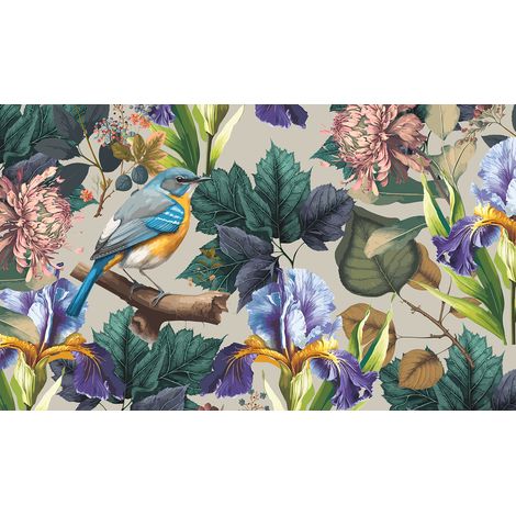 Papier peint panoramique - Fleurs Oiseaux - 130 cm x 77 cm (1/2)
