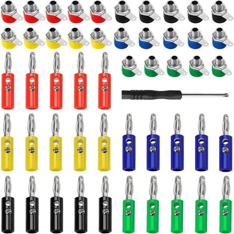 50 Pièces Borne de Prise Banane 4mm, Connecteur Femelle Panneau Banane + Plaquée Nickel Banane Fiche, avec Tournevis (1/4)