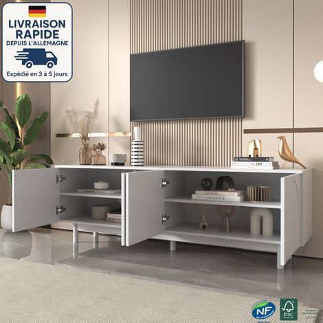 Meuble TV 197,5x39x42cm avec 4 portes, pour téléviseurs jusqu'à 60 pouces, sans poignées, étagères réglables, pour salon, aggloméré, blanc (1/5)
