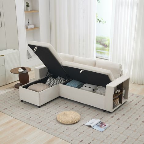 Canapé d’angle 202 x 136 x 85 cm avec double coffre de rangement, étagères latérales, méridienne réversible, chenille, beige clair (1/5)