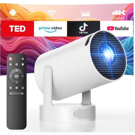 Projecteur Vidéo Bluetooth 5.0 WiFi 6 avec Haut-parleur, Rotation 220°, Auto Keystone, Compatible 1080P 4K, Mini Vidéoprojecteur Portable à Courte Distance pour Home Cinéma et Téléphone