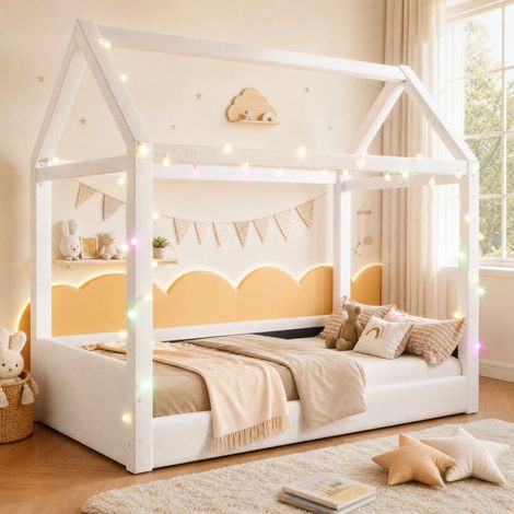 DESMIU Lit cabane 1 place avec LED réglable, 90 × 200 cm, sans matelas, en tissu et MDF, beige (1/5)
