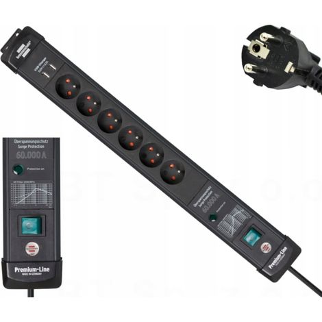 Multiprise parafoudre 60 000 A, 6 prises, 3 m, avec 2 ports USB H05VV-F3G1.5, noire, gamme Premium. (1/5)