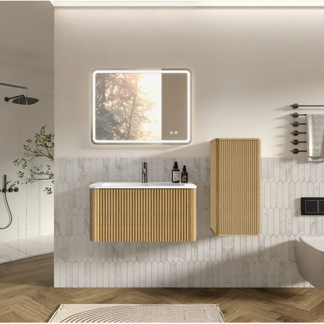 Mobile bagno con lavabo e specchio LED, finitura rovere, lavabo in pietra artificiale bianco opaco, pensile e colonna (1/5)