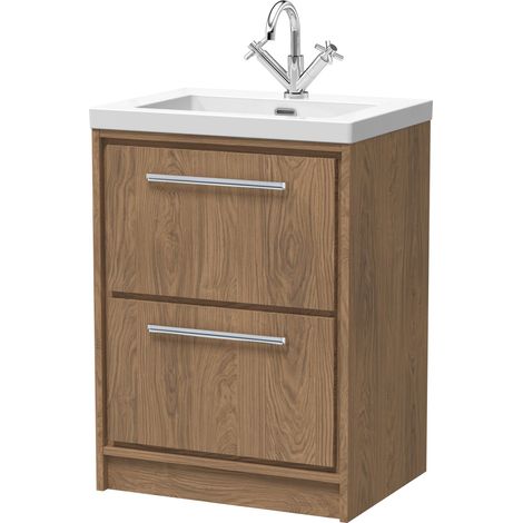 Longnor 2 Drawer Floor Standing Vanity Unit with 1 Tap Hole Modern Fireclay Basin, Antique Oak, 600mm