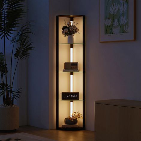 Lampada da terra a LED con ripiano in vetro, lampada da terra con 3 livelli di luminosità, interruttore a pedale per soggiorno, camera da letto, nera