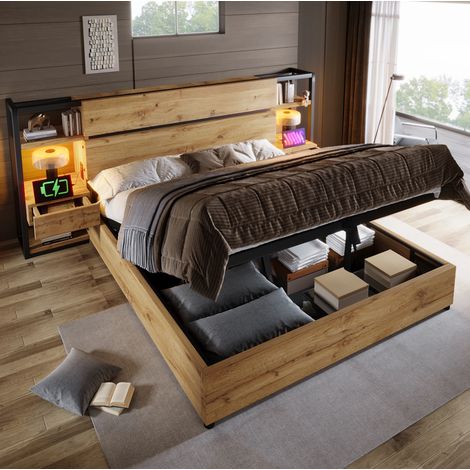 Cama doble 180x200 cm roble en MDF y metal con almacenaje hidráulico y puertos USB/USB-C (1/5)