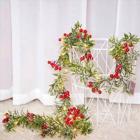 3X 2 MèTres 20 Led Guirlande Lumineuse ExtéRieure de NoëL Feuilles de Pin Baies LumièRe LED Fil de Cuivre Guirlande de FéE Patio (1/5)