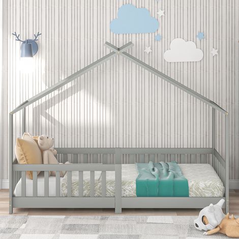 Lit maison enfant en bois massif avec barrière de protection et sommier, gris 200x90cm, literie sécurisée pour chambre d’enfant et ado (1/5)
