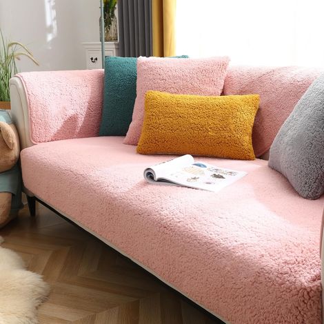 Thick L-Shaped Sofa Cover for 1/2/3/4 Seater Sofas, Protective Sofa Cover, Universal Non-Slip Faux Fur Sofa Cover for Living Room (Sherpa Pink, 45  45cm) (1/5)