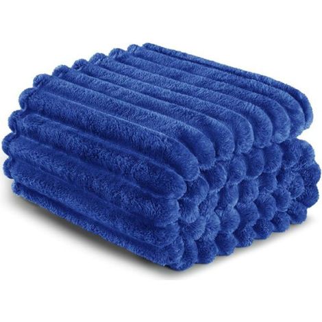 1 Couvre-lit en microfibre, motif jacquard rayé, léger 130x150 cm, bleu cobalt, pour canapé et lit (1/5)