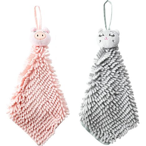 Lot de 2 serviettes suspendues en chenille douce et moelleuse avec des imprimés amusants de chats et de cochons (1/5)