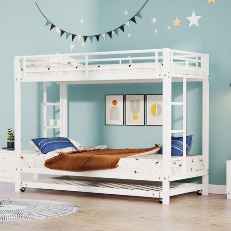 Lit superposé 90×200cm, lit enfant, avec lit gigogne 90×190cm, métal, antichute, sans matelas, blanc (1/5)