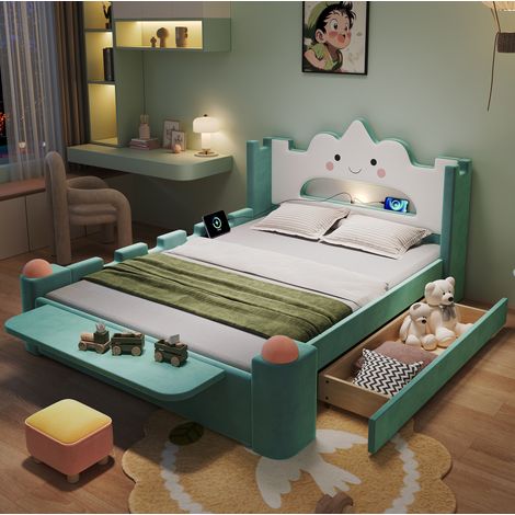 Letto bambino 140x200 cm con cassetto portaoggetti, testiera con LED e USB, in velluto, verde acqua, senza materasso (1/5)