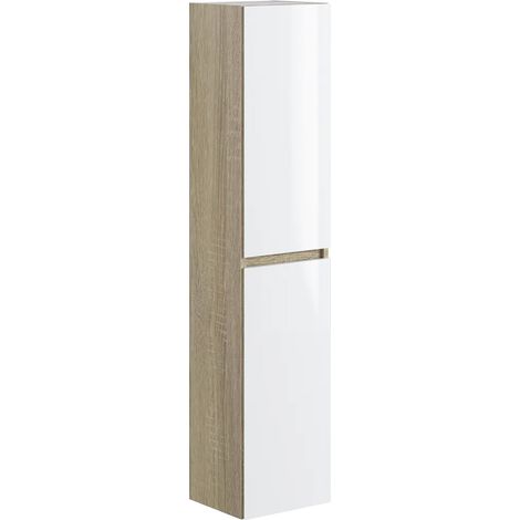Pegane – Colonne de salle de bain en mélamine blanc/chêne – Dimensions 30x27x140 cm – 2 espaces de rangement – Fabrication européenne (1/4)