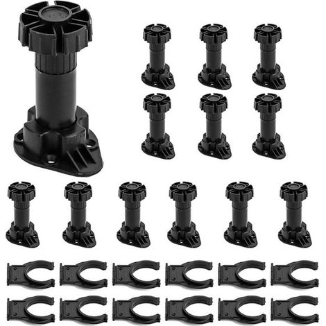 Set di 12 piedini rotondi per mobili da cucina in plastica ABS con 12 staffe di montaggio, altezza regolabile: 100-120 mm, colore nero. (1/5)