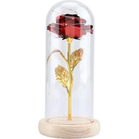 Rose Eternelle LED La Belle et la Bête - Rouge - Dôme en verre sur base en bois - Objets décoratifs-Ywey