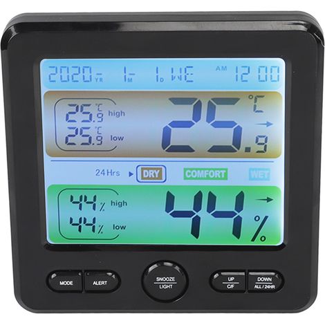 Digitales Innenthermometer mit Farbdisplay, Wecker, Temperatur- und Luftfeuchtigkeitsanzeige, Nachttischuhr für Zuhause, Schwarz (1/5)