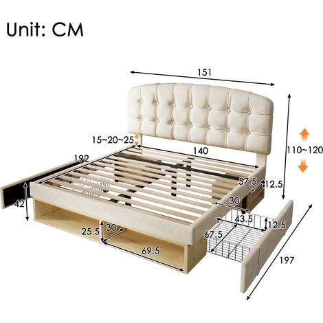Lit double 140x190, lit capitonné en velours beige avec sommier à lattes, cadre de lit avec tête de lit incurvée réglable en hauteur, lit avec tiroirs et espace de rangement, lit capitonné pour chambr (1/4)