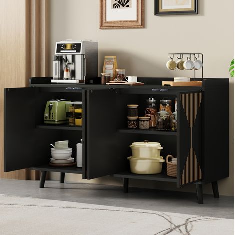 Aparador de cocina negro con 4 puertas y estantes ajustables, 140 × 40 × 84 cm, mueble de almacenaje para comedor, salón y recibidor moderno – CHICFURN (1/5)