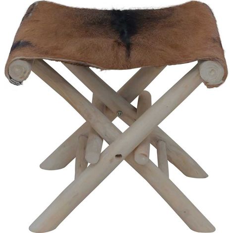 vidaXL Taburete plegable de piel de cabra y madera de teca maciza (1/2)