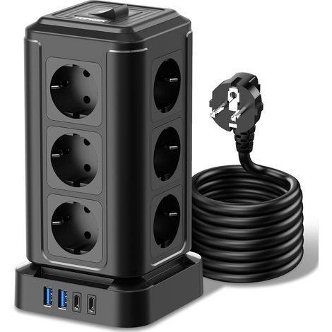 Multiprise Électrique, Tour Multiprise avec 12 Prises et 4 USB (2 USB-A et 2 USB-C Charge Rapide 20W), 4000 W/16 A, avec Interrupteur, pour Bureau, Cuisine, Table, Câble de 2 M (1/5)