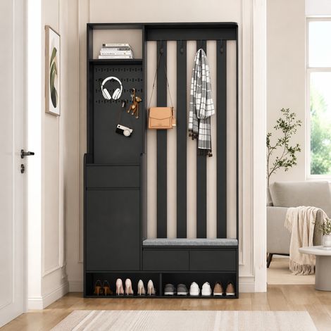 Mueble zapatero de entrada con banco acolchado, panel perforado, 4 ganchos, MDF negro DESVIAE (1/5)