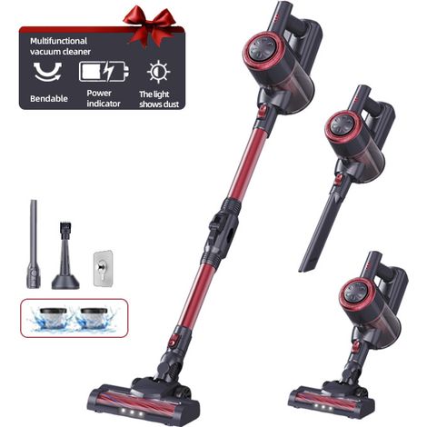 Aspirapolvere a batteria, 120 W/12 kPa/30 min, aspirapolvere senza fili con display LED, aspirapolvere per tappeti, pavimenti duri, peli di animali, aspirapolvere a batteria leggero - Nero e rosso (1/4)