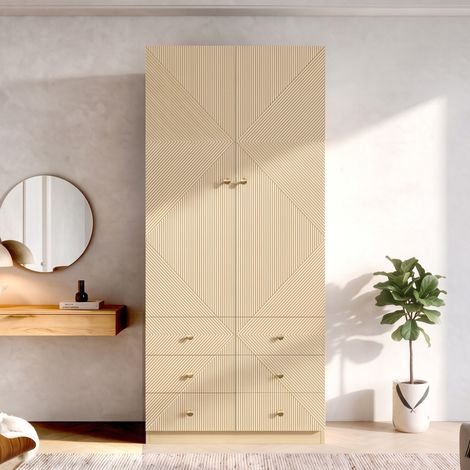 Armoire de Chambre Chêne avec Penderie et 6 Tiroirs, Dressing Moderne 90x48x200cm pour Adulte, Enfant et Bureau, Style Géométrique Chic (1/5)