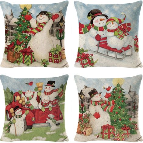 Housse de coussin joyeux noël bonhomme de neige, 18x18 pouces, housse de coussin de vacances d'hiver, décoration pour canapé, ensemble de 4 YMYNY (1/5)
