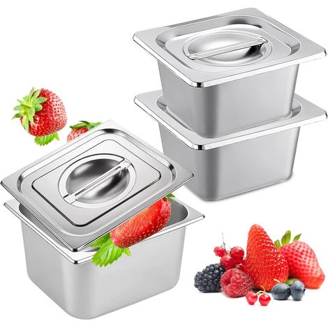 Bac Inox 3 Plateaux Inox avec Couvercles (17.5x16.6x10 cm), Bac Gastronorme GN 1/6 pour Restauration,Cuisin,Buffet, Conteneurs Alimentaires Empilables (1/5)