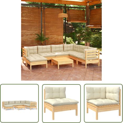 The Living Store 8-tlg. Garten-Lounge-Set mit Creme Kissen Massivholz Kiefer - Garten Lounge Set - Kiefernholzmöbel - Outdoor Möbel - Gartengeräte - Loungemöbel (1/5)