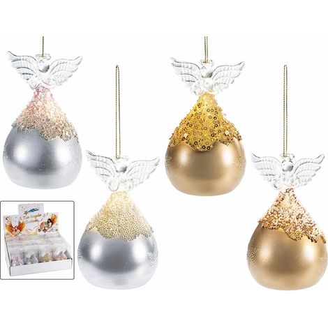 Décorations de Noël ange en verre décoré or et argent, robe à paillettes et flocons, lot de 12, ange : diam. 6,5 x H. 10,5 cm