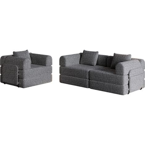 Sofá cama 2 en 1 de chenilla gris con almacenamiento en el reposabrazos y estructura metálica HOMVRA (1/5)
