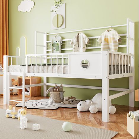 Letto a soppalco basso per bambini 90x200 cm, metallo bianco, con sponde di sicurezza e ripiani (1/5)