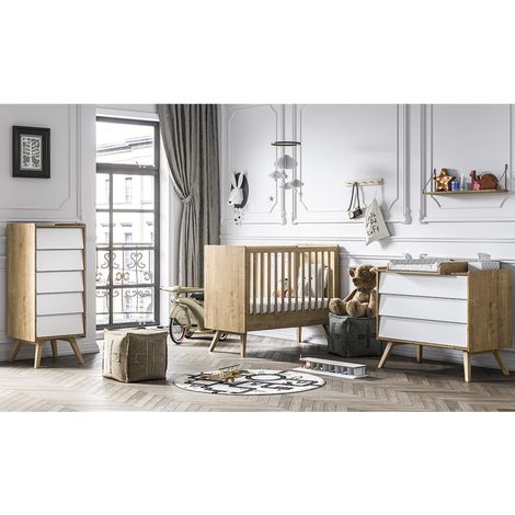 Komplettzimmer Babybett Wickelkommode & Hochkommode Vox Vintage Eiche/Weiß