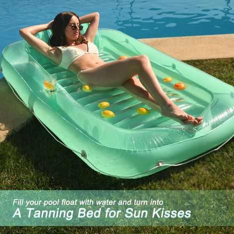Grand salon d'eau gonflable vert transparent (185×115×25 cm) – Lit flottant de luxe avec appui-tête, assez spacieux pour que les adultes puissent bronzer dans la piscine (1/5)