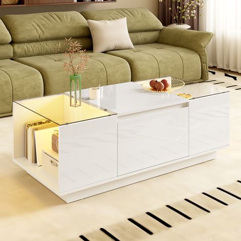 Tavolino 105x50x35 cm bianco con LED, 2 cassetti, vetro temperato e contenitore MEUBLIV (1/5)